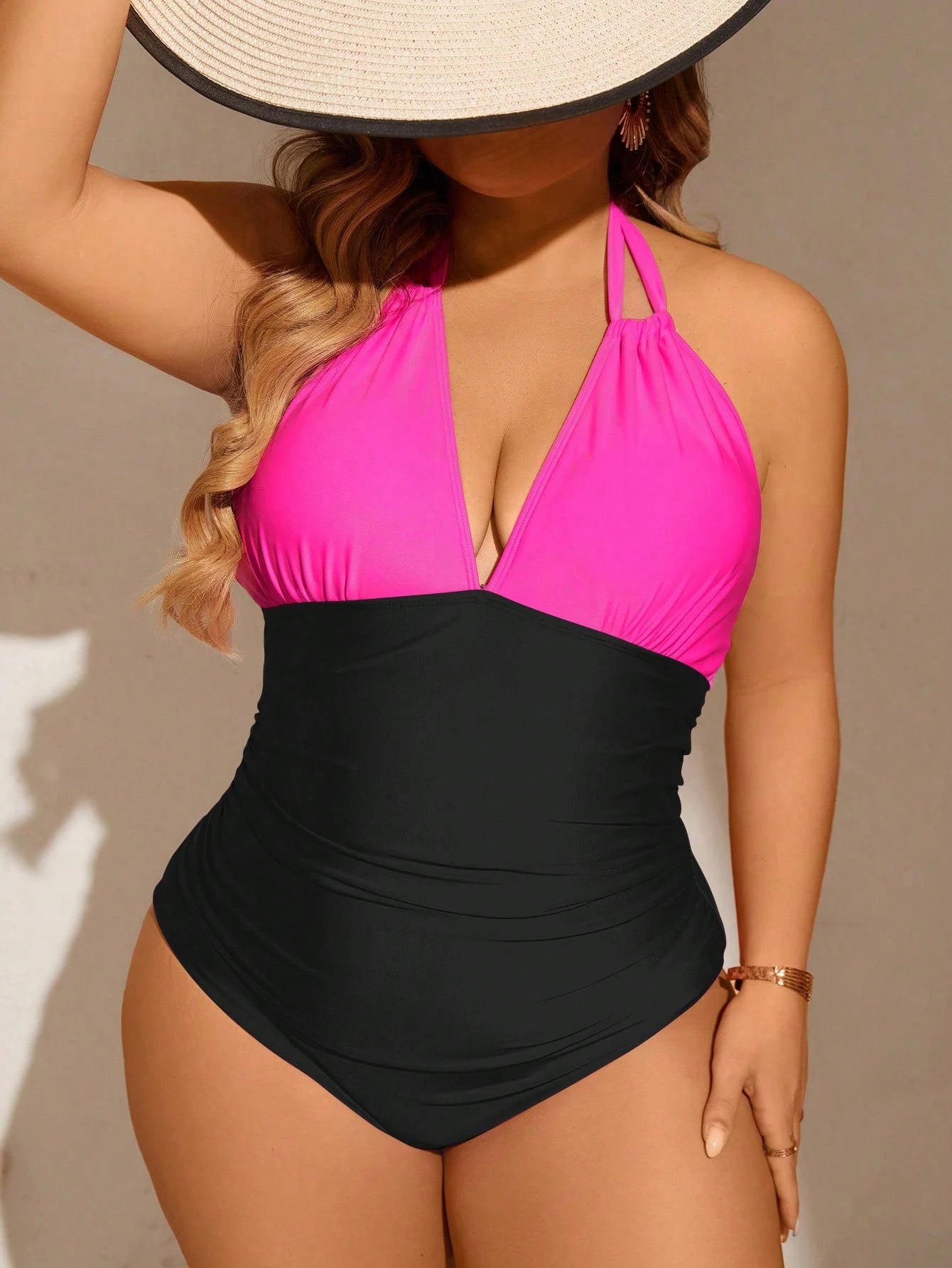 Swim Curve Plus Size Summer Beach Colorblock Pleated One Piece Swimsuit With Halter Neck