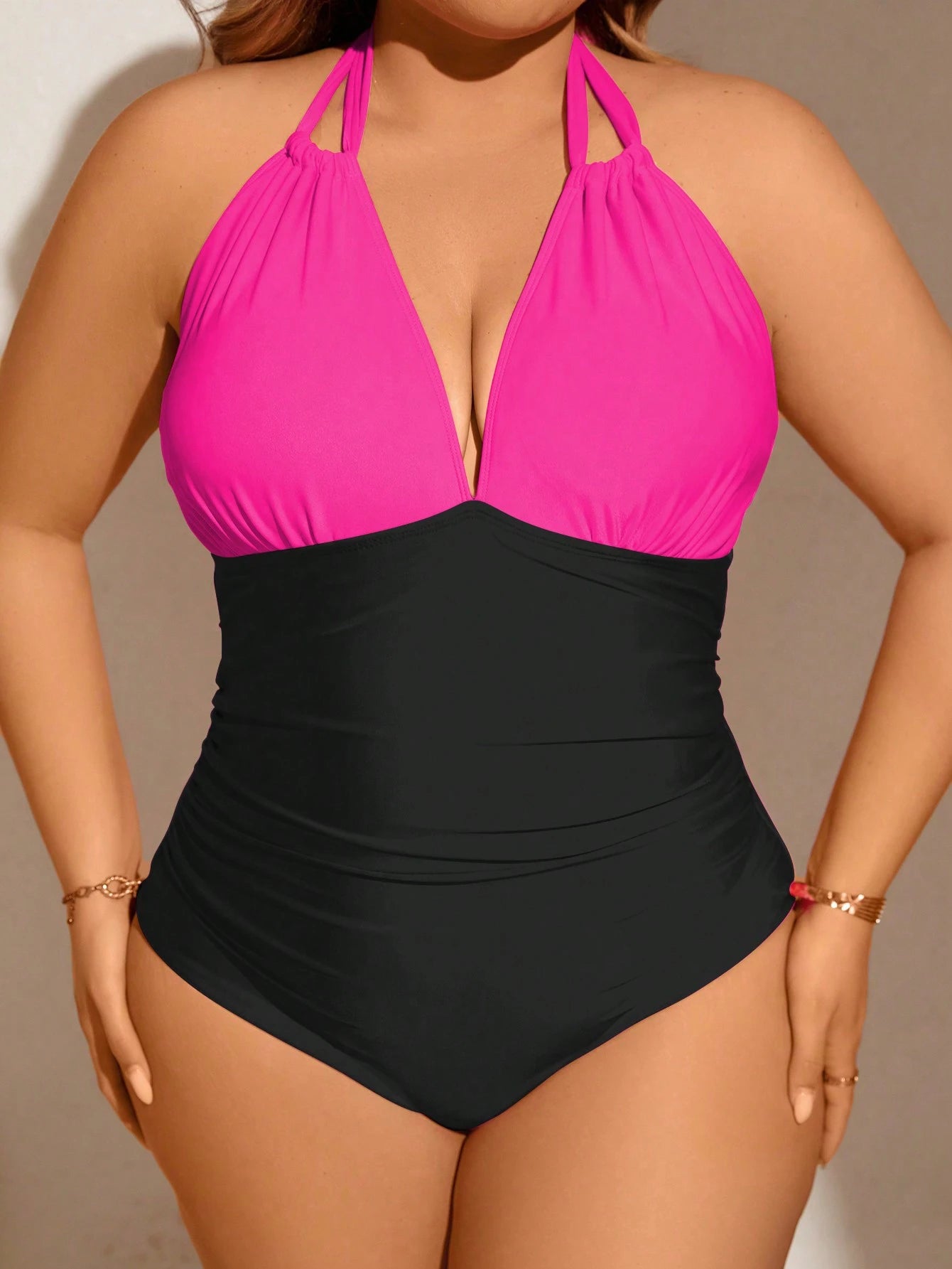 Swim Curve Plus Size Summer Beach Colorblock Pleated One Piece Swimsuit With Halter Neck