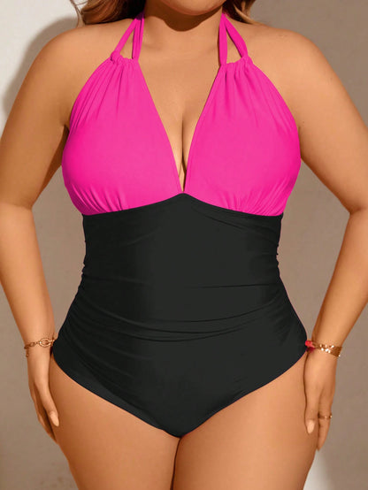 Swim Curve Plus Size Summer Beach Colorblock Pleated One Piece Swimsuit With Halter Neck
