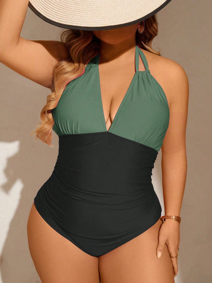 Swim Curve Plus Size Summer Beach Colorblock Pleated One Piece Swimsuit With Halter Neck