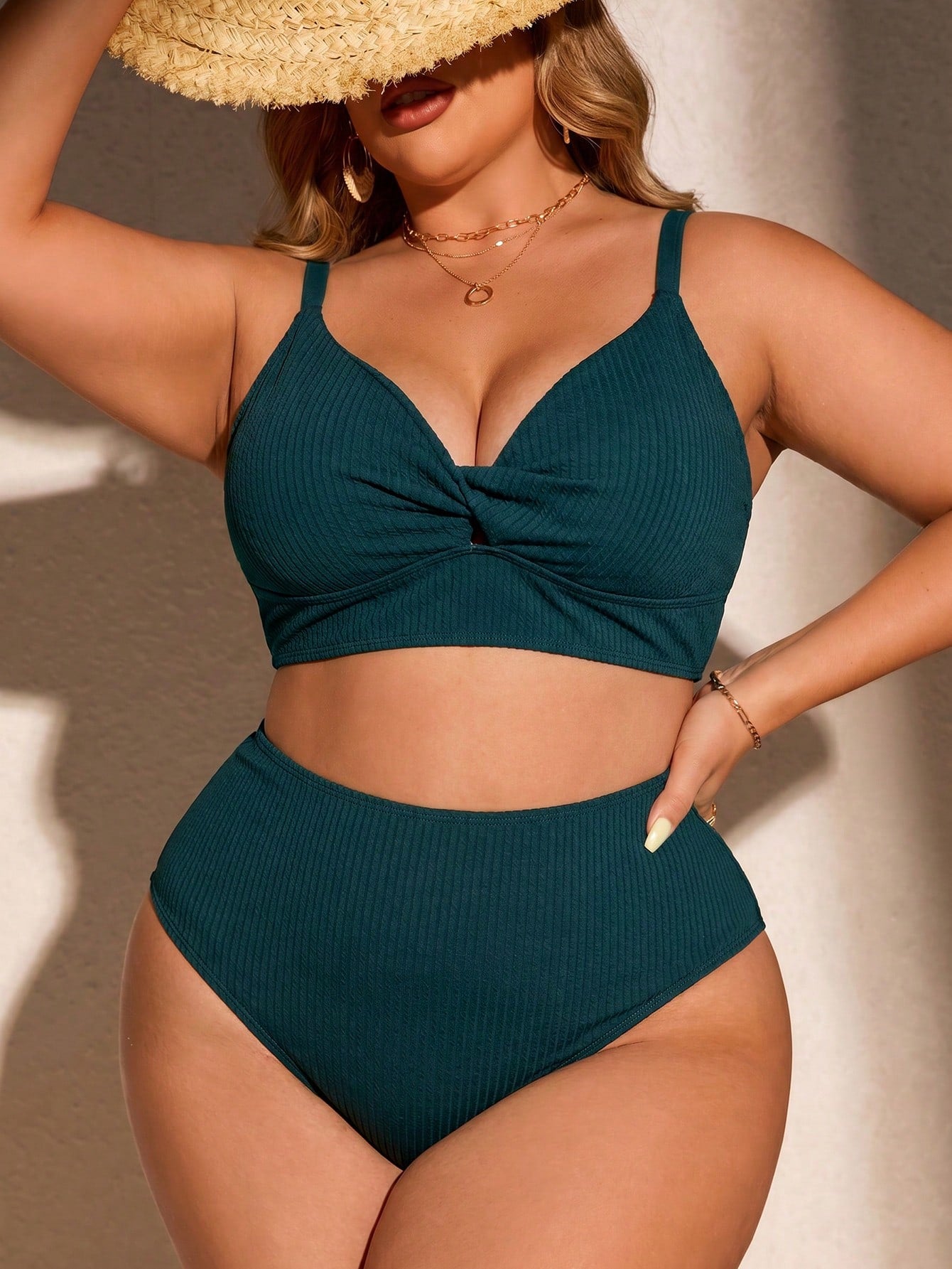 Swim Curve Plus Size Women's Summer Beach Solid Color Ruched Spaghetti Strap Sexy Bikini Top And Triangle Bottom Two-Piece Swimwear Set