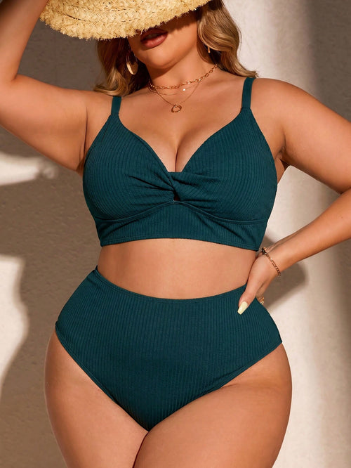 Swim Curve Plus Size Women's Summer Beach Solid Color Ruched Spaghetti Strap Sexy Bikini Top And Triangle Bottom Two-Piece Swimwear Set