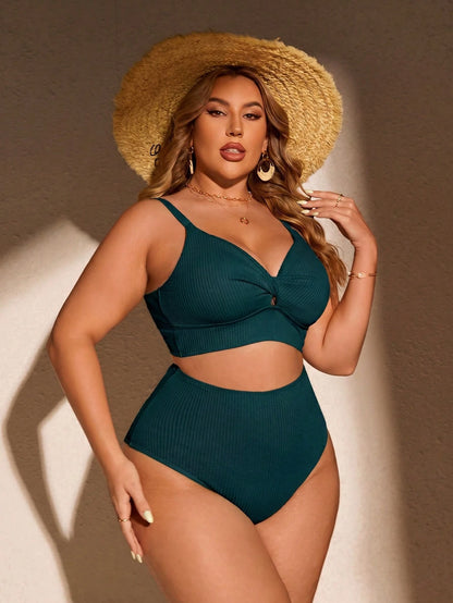 Swim Curve Plus Size Women's Summer Beach Solid Color Ruched Spaghetti Strap Sexy Bikini Top And Triangle Bottom Two-Piece Swimwear Set