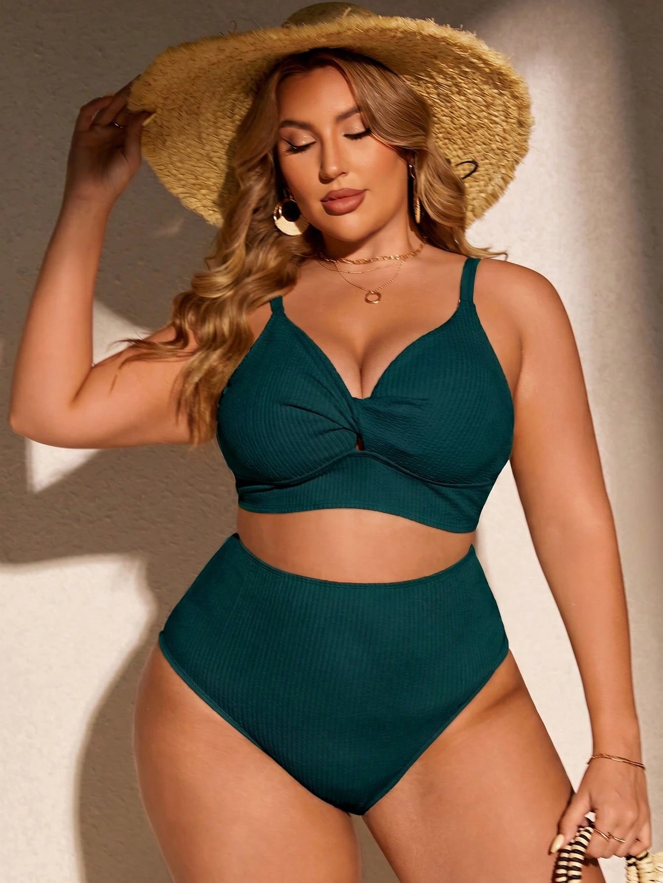 Swim Curve Plus Size Women's Summer Beach Solid Color Ruched Spaghetti Strap Sexy Bikini Top And Triangle Bottom Two-Piece Swimwear Set