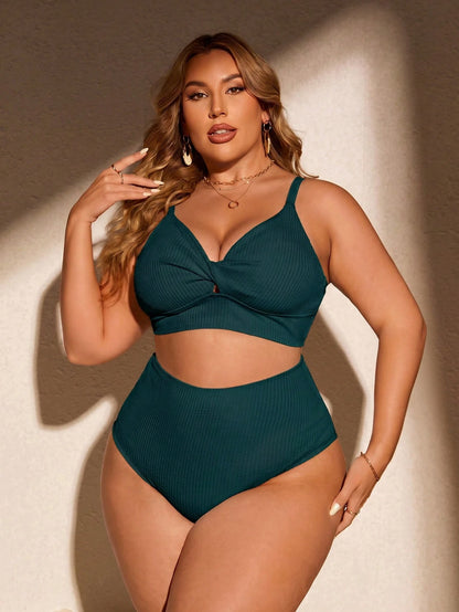 Swim Curve Plus Size Women's Summer Beach Solid Color Ruched Spaghetti Strap Sexy Bikini Top And Triangle Bottom Two-Piece Swimwear Set
