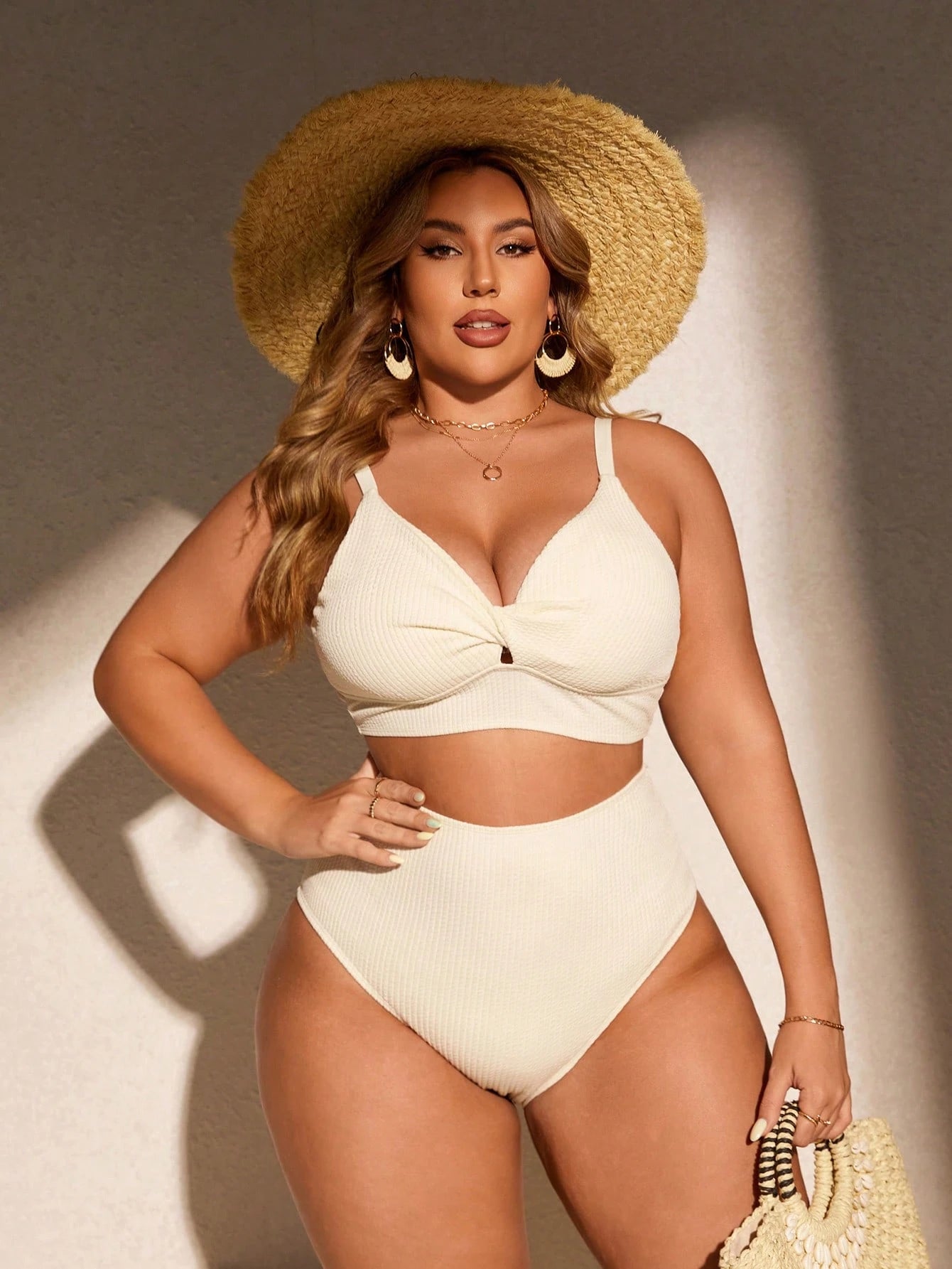 Swim Curve Plus Size Women's Summer Beach Solid Color Ruched Spaghetti Strap Sexy Bikini Top And Triangle Bottom Two-Piece Swimwear Set