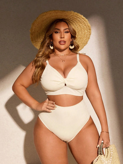 Swim Curve Plus Size Women's Summer Beach Solid Color Ruched Spaghetti Strap Sexy Bikini Top And Triangle Bottom Two-Piece Swimwear Set