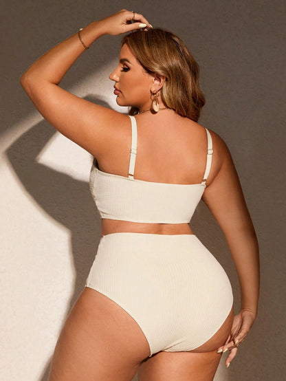 Swim Curve Plus Size Women's Summer Beach Solid Color Ruched Spaghetti Strap Sexy Bikini Top And Triangle Bottom Two-Piece Swimwear Set