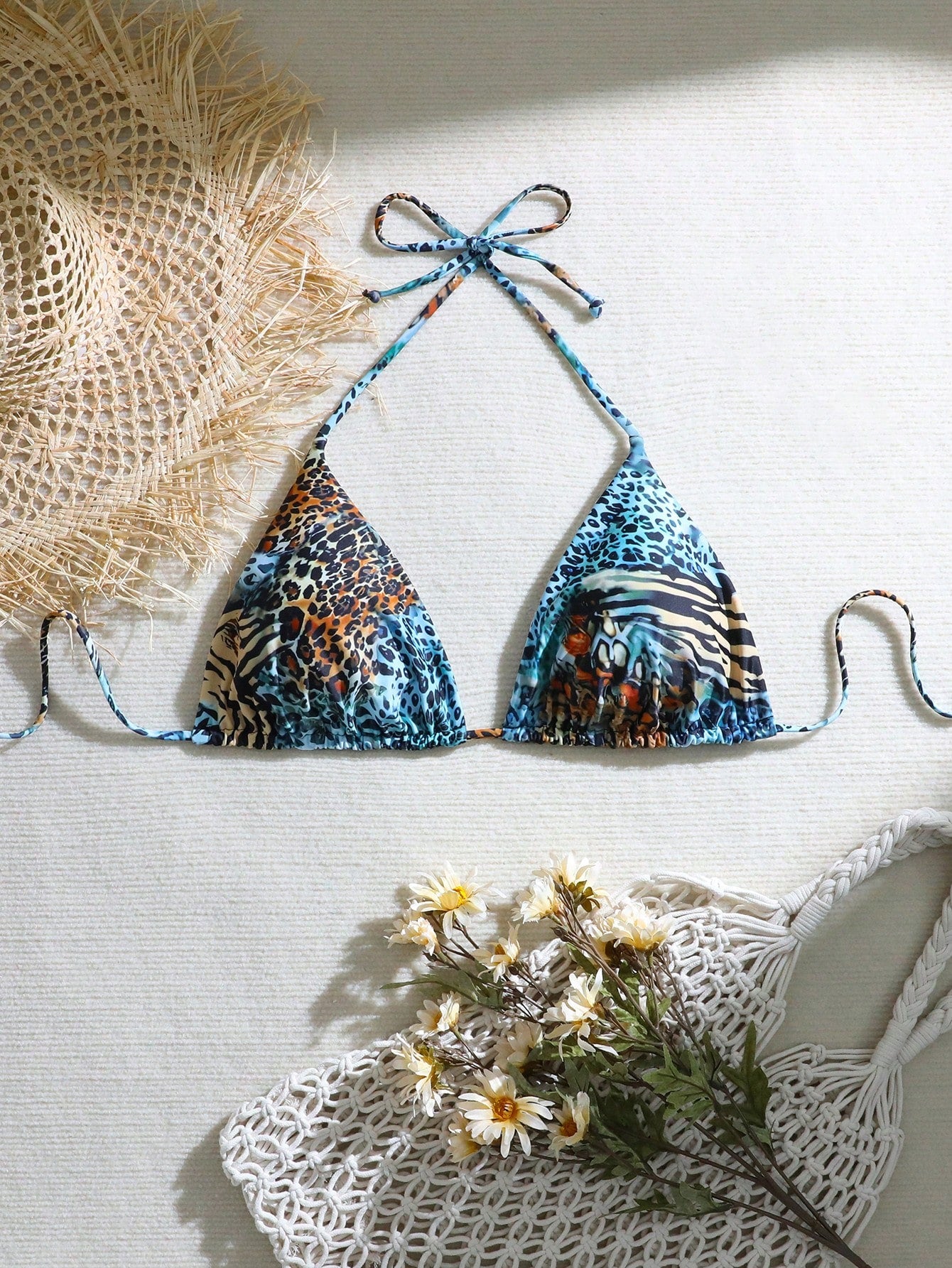 Swim Curve Summer 1pc Plus Size Women Halter Neck Printed Sexy Triangle Bikini Top, Casual Holiday Bikini