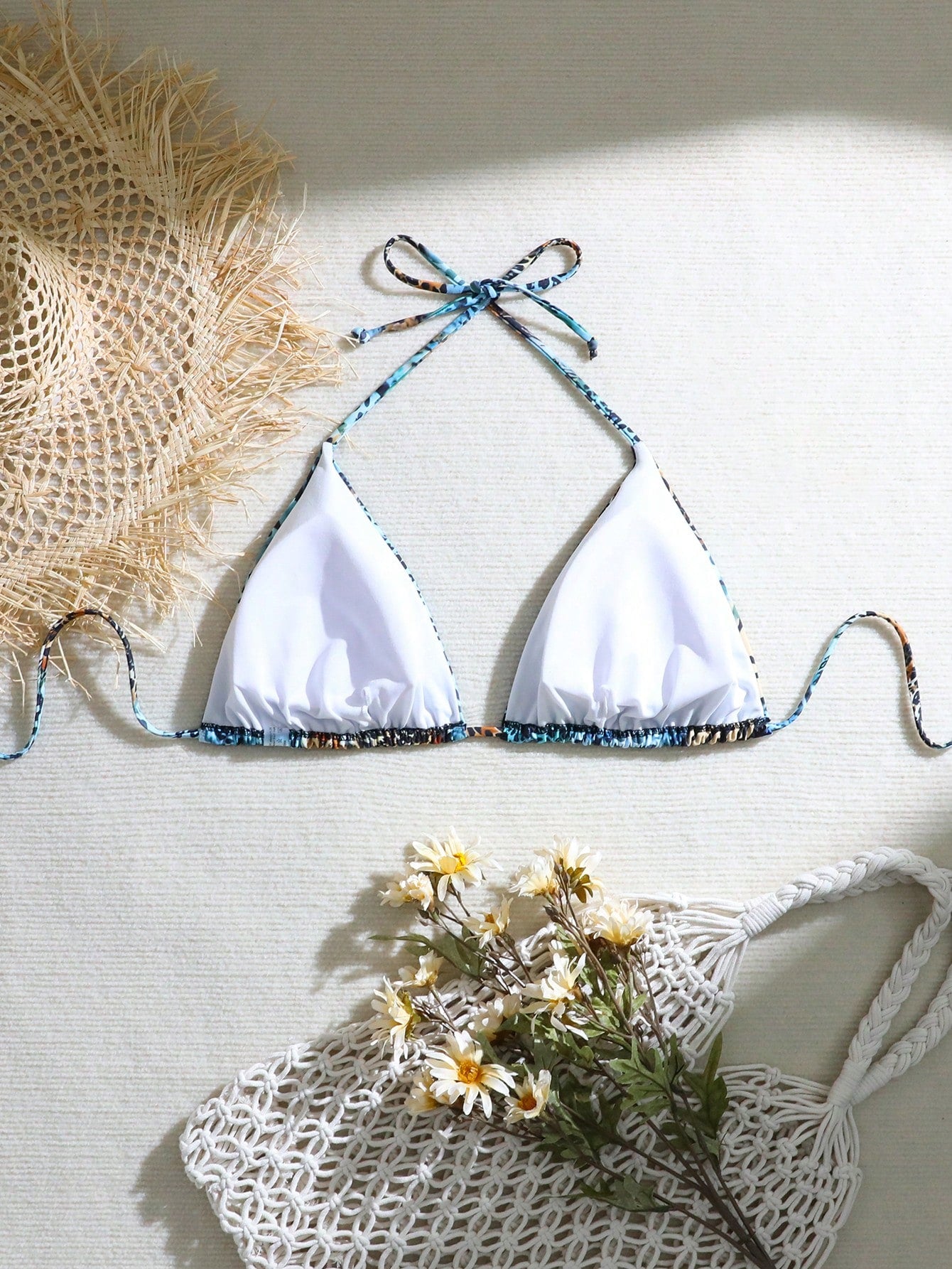 Swim Curve Summer 1pc Plus Size Women Halter Neck Printed Sexy Triangle Bikini Top, Casual Holiday Bikini