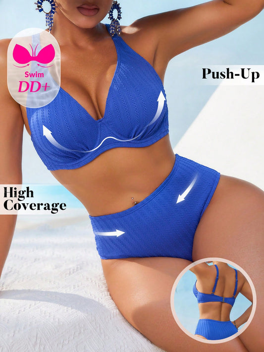 Swim DD+ Women's Sexy Push-Up Underwire Fashion Textured Fabric DD+ Royal Blue High Waist 2 Pieces Summer Bikini Set