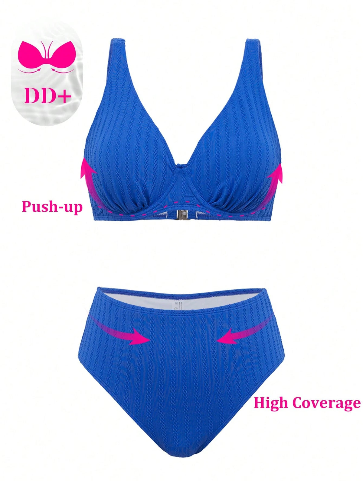 Swim DD+ Women's Sexy Push-Up Underwire Fashion Textured Fabric DD+ Royal Blue High Waist 2 Pieces Summer Bikini Set