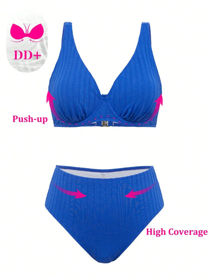 Swim DD+ Women's Sexy Push-Up Underwire Fashion Textured Fabric DD+ Royal Blue High Waist 2 Pieces Summer Bikini Set
