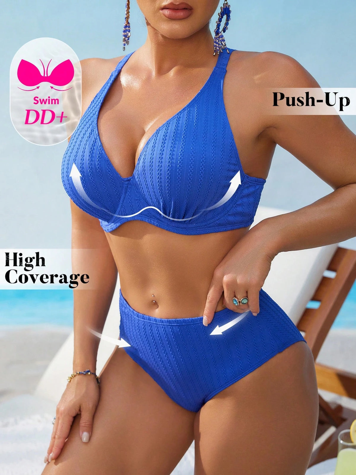 Swim DD+ Women's Sexy Push-Up Underwire Fashion Textured Fabric DD+ Royal Blue High Waist 2 Pieces Summer Bikini Set