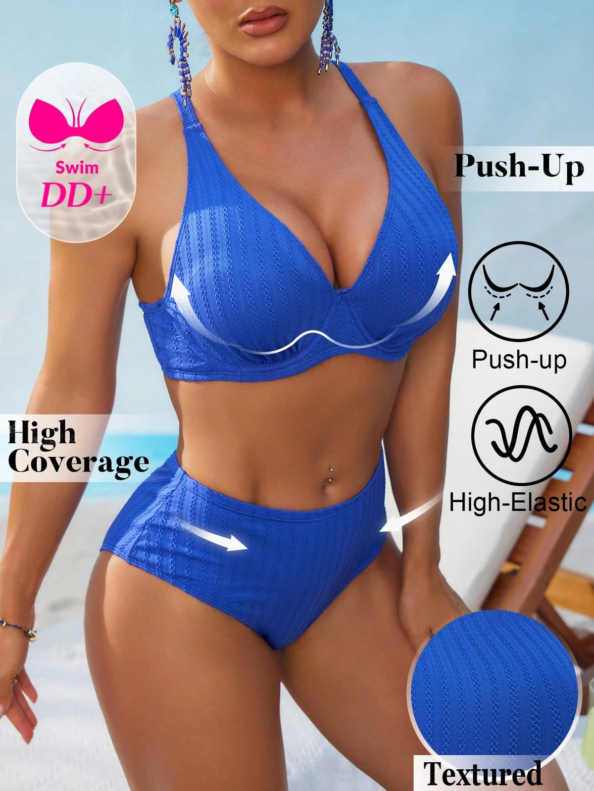 Swim DD+ Women's Sexy Push-Up Underwire Fashion Textured Fabric DD+ Royal Blue High Waist 2 Pieces Summer Bikini Set