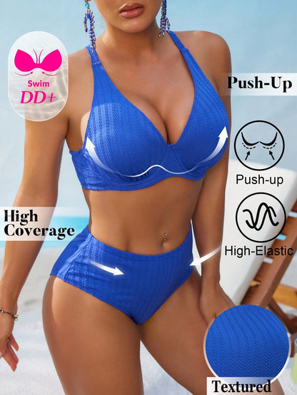 Swim DD+ Women's Sexy Push-Up Underwire Fashion Textured Fabric DD+ Royal Blue High Waist 2 Pieces Summer Bikini Set