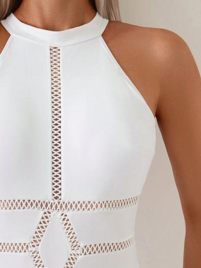 Swim Elegant Solid Color Hollow Halter One-Piece Swimsuit For Summer Beach Vacation
