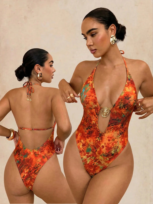 Swim Glamine Women Backless Halter Hibiscus Print One-Piece Swimsuit,Burnt Orange,Summer,70s Retro,Beach,Holiday,Party,Holiday,Bohemian Beach Style Swimwear