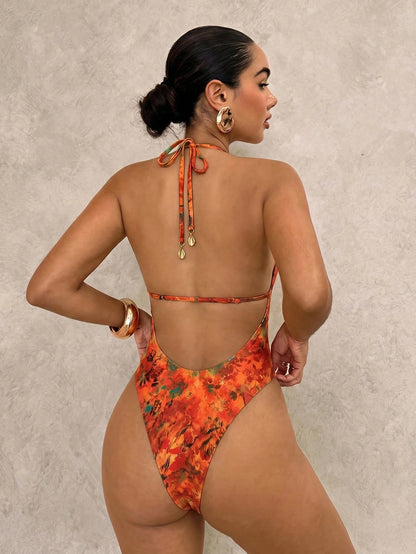 Swim Glamine Women Backless Halter Hibiscus Print One-Piece Swimsuit,Burnt Orange,Summer,70s Retro,Beach,Holiday,Party,Holiday,Bohemian Beach Style Swimwear