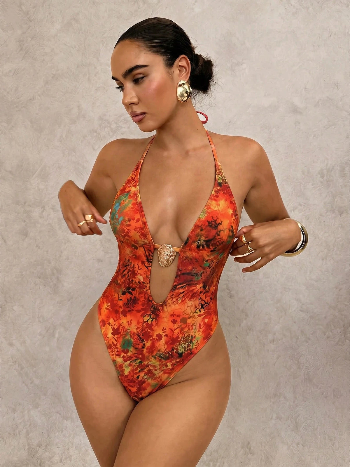 Swim Glamine Women Backless Halter Hibiscus Print One-Piece Swimsuit,Burnt Orange,Summer,70s Retro,Beach,Holiday,Party,Holiday,Bohemian Beach Style Swimwear