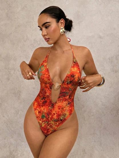 Swim Glamine Women Backless Halter Hibiscus Print One-Piece Swimsuit,Burnt Orange,Summer,70s Retro,Beach,Holiday,Party,Holiday,Bohemian Beach Style Swimwear