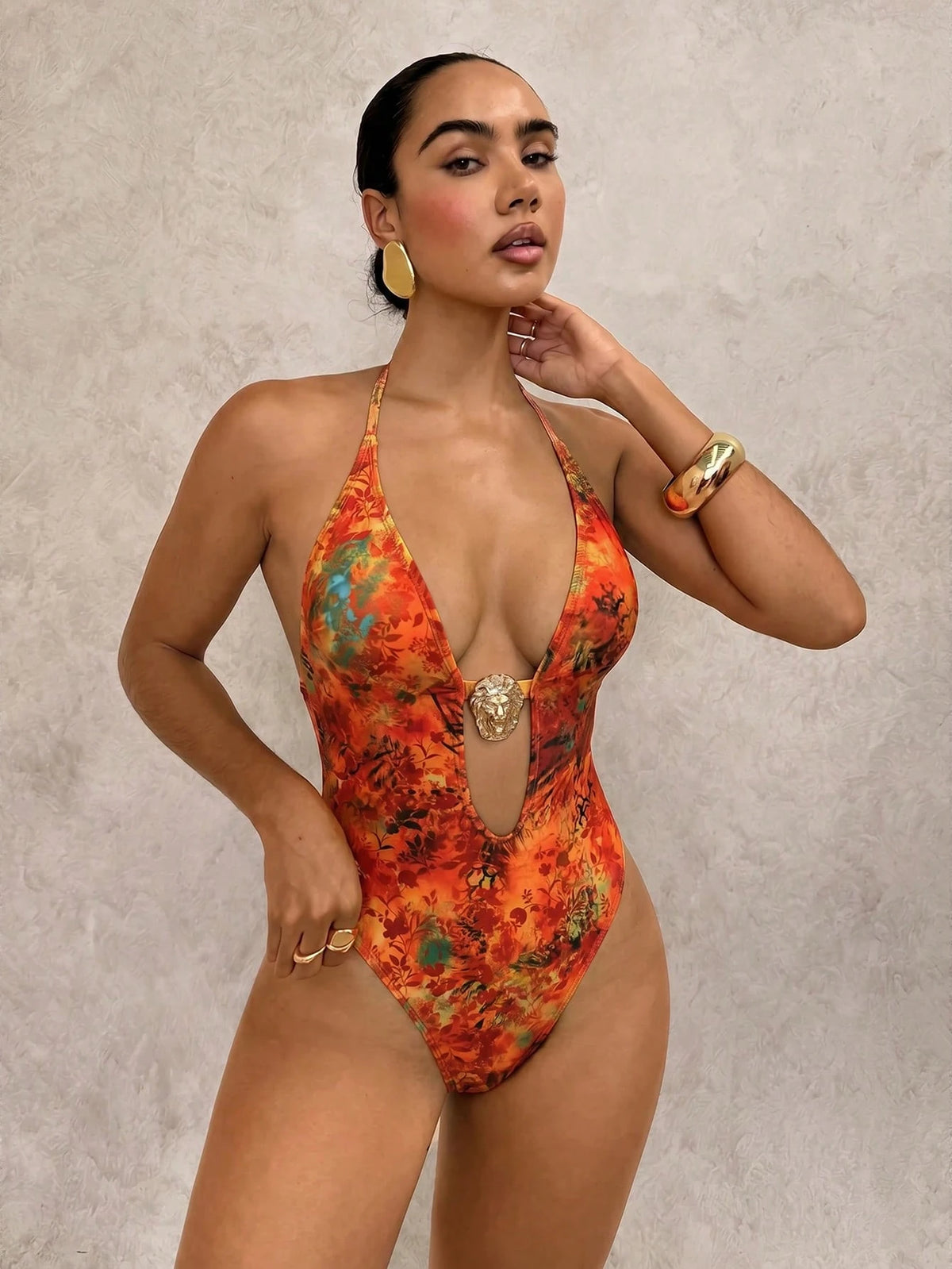Swim Glamine Women Backless Halter Hibiscus Print One-Piece Swimsuit,Burnt Orange,Summer,70s Retro,Beach,Holiday,Party,Holiday,Bohemian Beach Style Swimwear