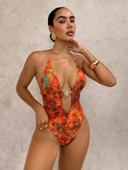 Swim Glamine Women Backless Halter Hibiscus Print One-Piece Swimsuit,Burnt Orange,Summer,70s Retro,Beach,Holiday,Party,Holiday,Bohemian Beach Style Swimwear