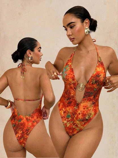 Swim Glamine Women Backless Halter Hibiscus Print One-Piece Swimsuit,Burnt Orange,Summer,70s Retro,Beach,Holiday,Party,Holiday,Bohemian Beach Style Swimwear