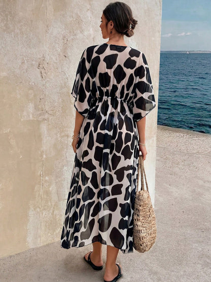 Swim Lushoire 2025 Dot Print Drawstring Waist Long Kimono Cover Up, Holiday Beach Coverup Summer