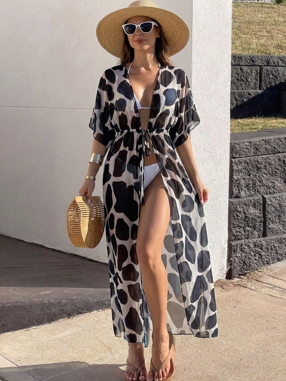 Swim Lushoire 2025 Dot Print Drawstring Waist Long Kimono Cover Up, Holiday Beach Coverup Summer