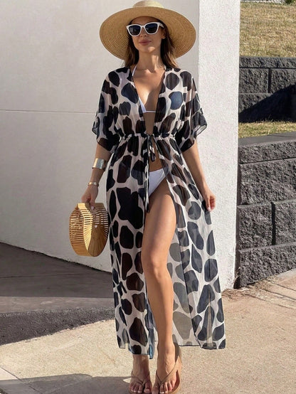Swim Lushoire 2025 Dot Print Drawstring Waist Long Kimono Cover Up, Holiday Beach Coverup Summer