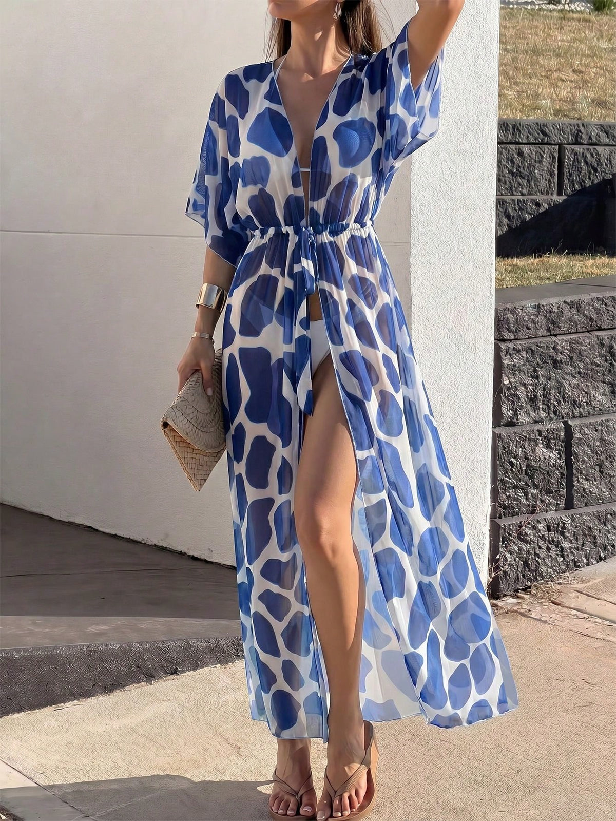 Swim Lushoire 2025 Dot Print Drawstring Waist Long Kimono Cover Up, Holiday Beach Coverup Summer