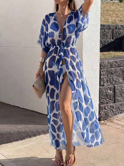 Swim Lushoire 2025 Dot Print Drawstring Waist Long Kimono Cover Up, Holiday Beach Coverup Summer