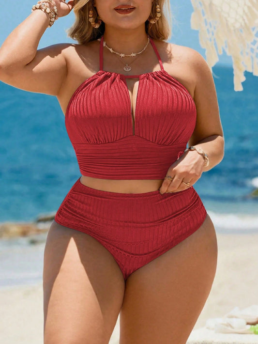 Swim Lushoire 2026 New Basic Solid Color & Striped Textured Fabric Plus Size Swimwear Set, Suitable For Beach Vacation
