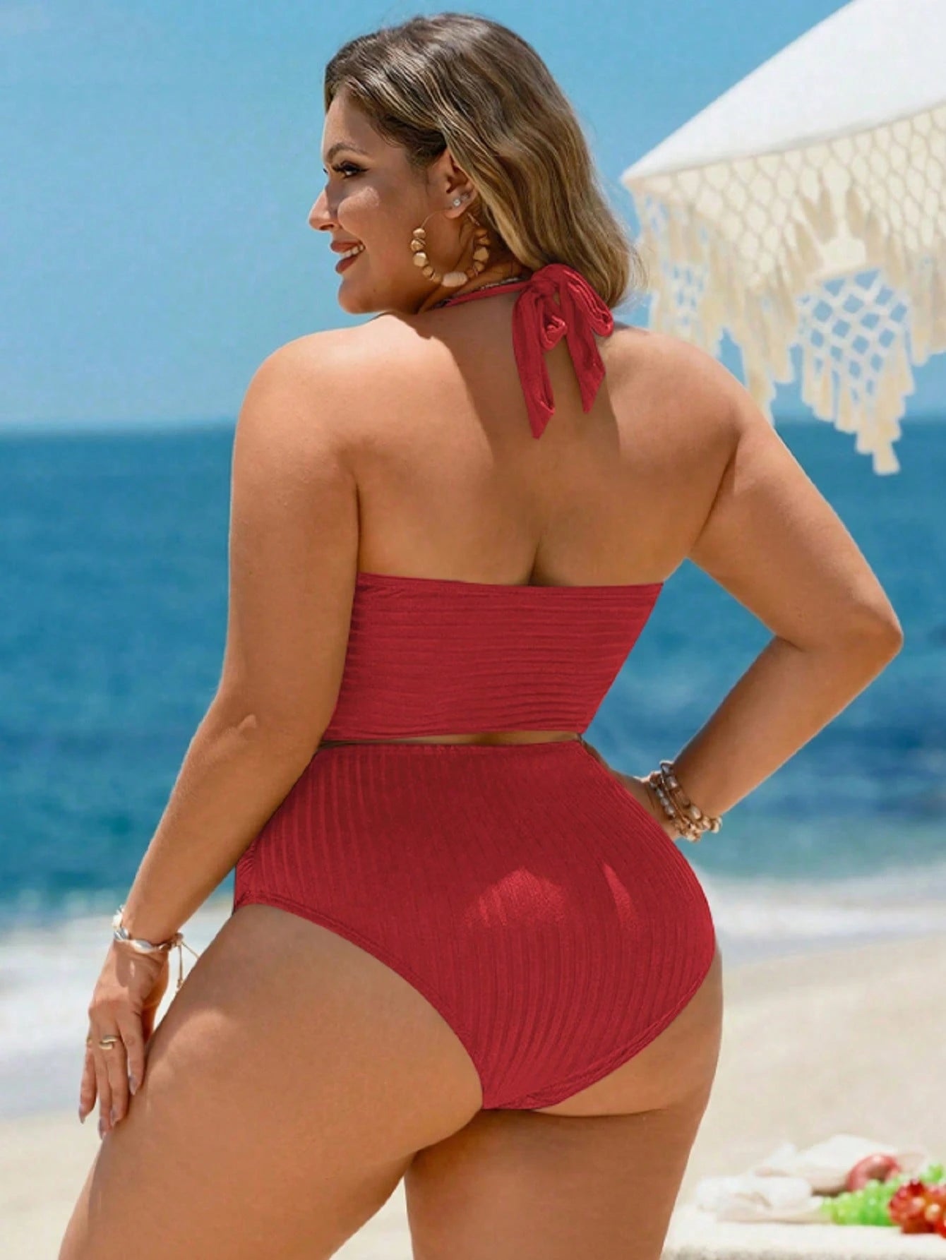 Swim Lushoire 2026 New Basic Solid Color & Striped Textured Fabric Plus Size Swimwear Set, Suitable For Beach Vacation