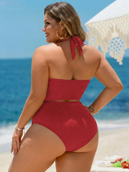 Swim Lushoire 2026 New Basic Solid Color & Striped Textured Fabric Plus Size Swimwear Set, Suitable For Beach Vacation