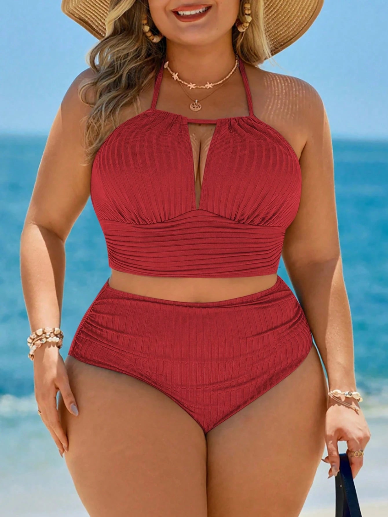 Swim Lushoire 2026 New Basic Solid Color & Striped Textured Fabric Plus Size Swimwear Set, Suitable For Beach Vacation