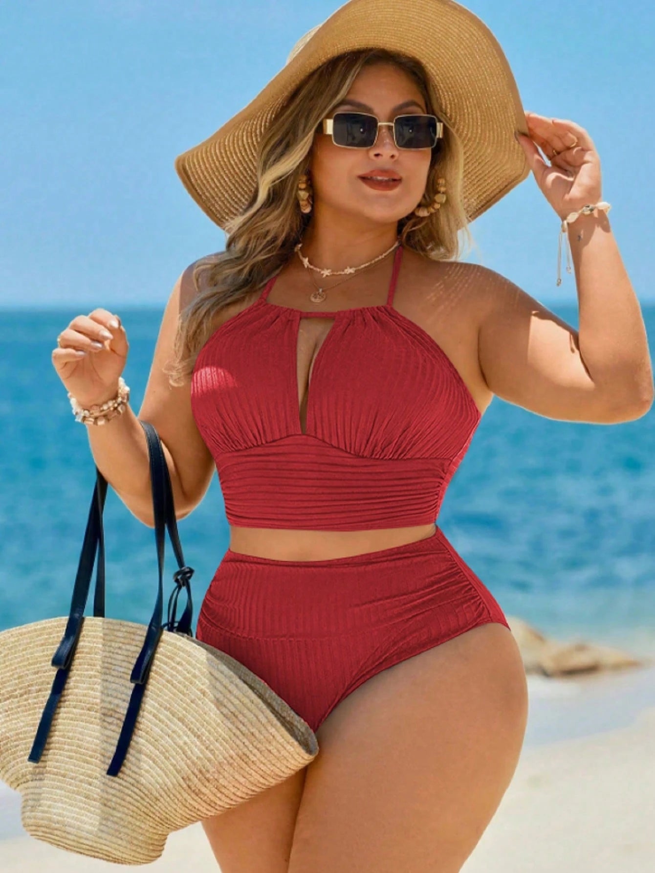Swim Lushoire 2026 New Basic Solid Color & Striped Textured Fabric Plus Size Swimwear Set, Suitable For Beach Vacation