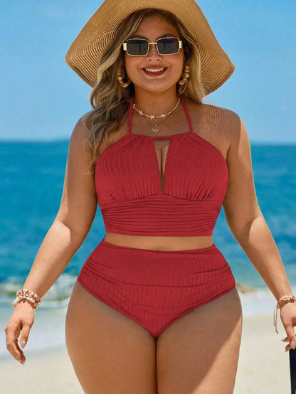 Swim Lushoire 2026 New Basic Solid Color & Striped Textured Fabric Plus Size Swimwear Set, Suitable For Beach Vacation