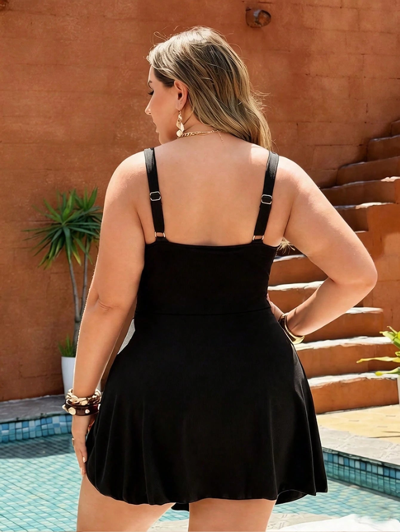 Swim Lushoire 2026 New Solid Color Ribbed One-Piece Swimsuit,Removable Padded,Adjustable Strap,Hollow-Out Rope,Waist Ruched,Skirt Bow,Summer,Comfy,Beach,Holiday