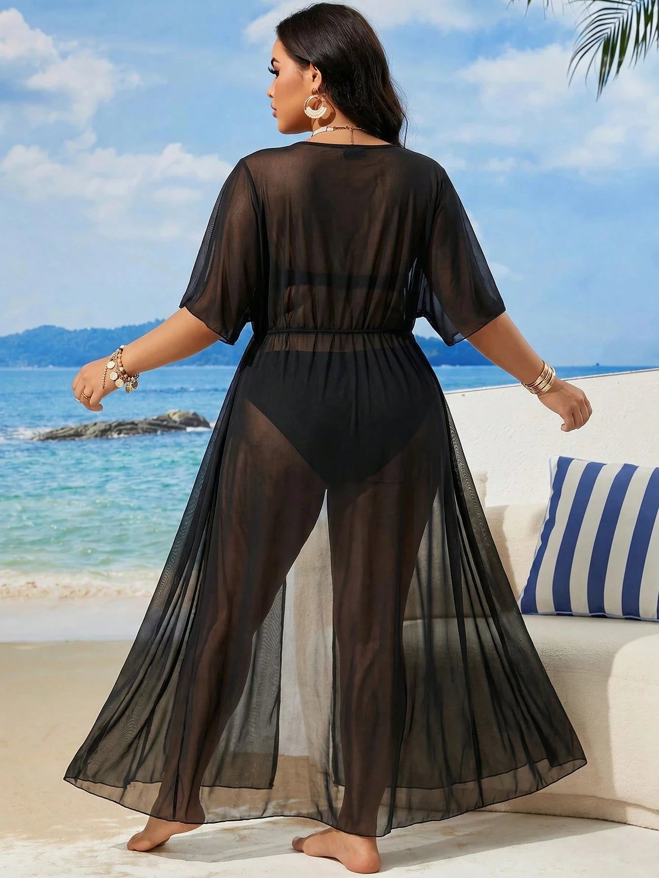 Swim Lushoire 2026 New Summer Beach Solid Black Plus Size Kimono