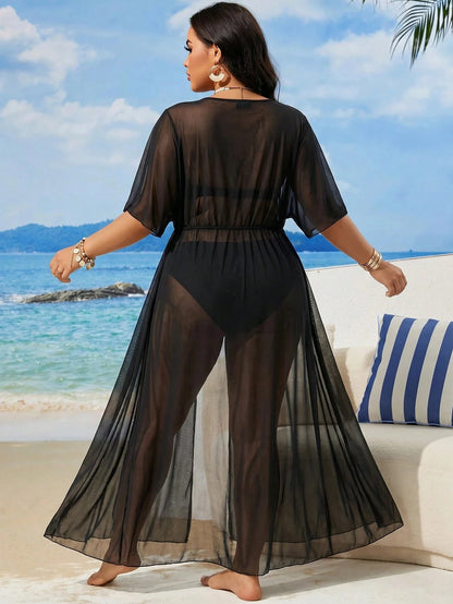 Swim Lushoire 2026 New Summer Beach Solid Black Plus Size Kimono