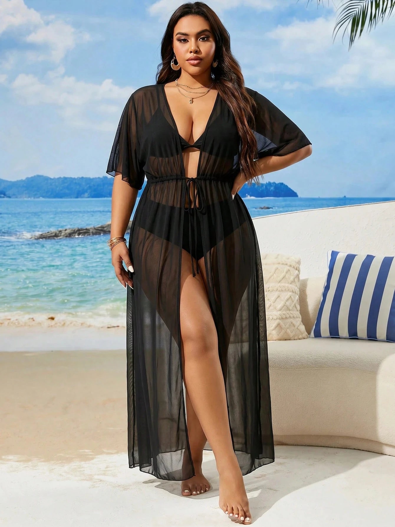 Swim Lushoire 2026 New Summer Beach Solid Black Plus Size Kimono