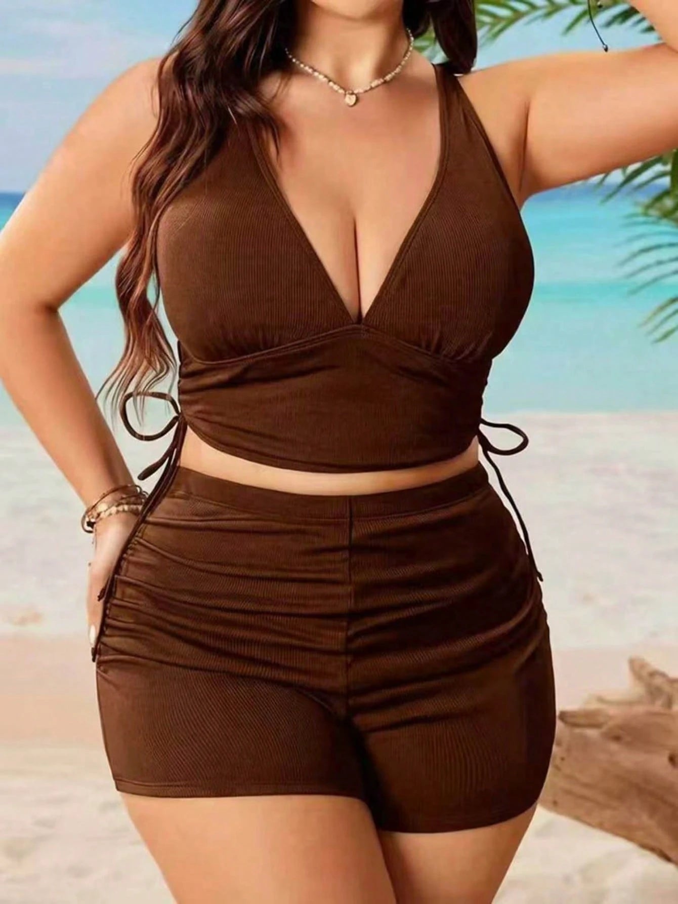Swim Lushoire 2026 New Year Party Beach Inclusive Adjustable Plus Size Women's Solid Color Tankini Swimsuit Set Brown Summer Sexy
