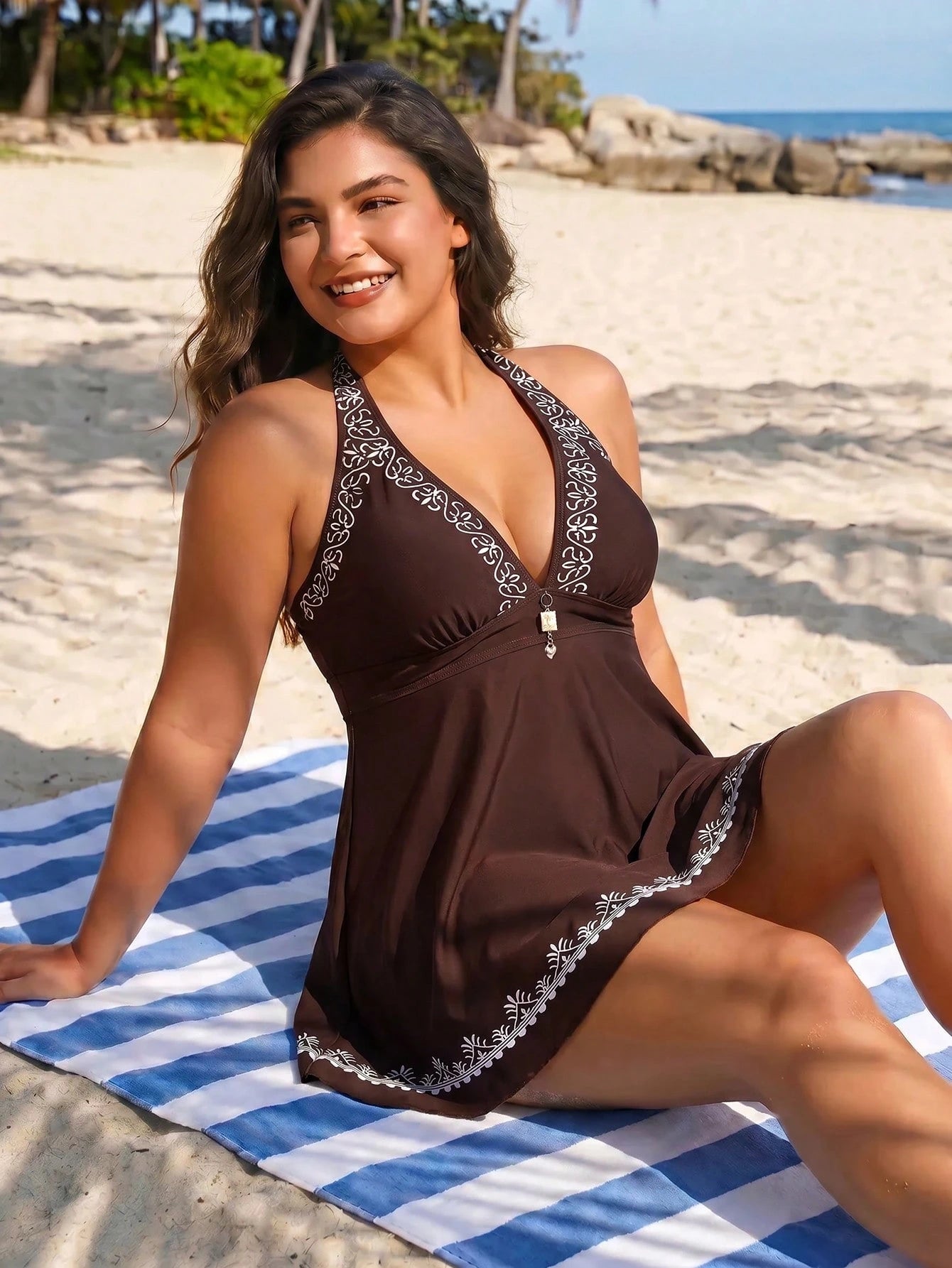 Swim Lushoire 2026 Summer New Plus Size Two-Piece Floral Elegant Beach Vacation Swimsuit For Women