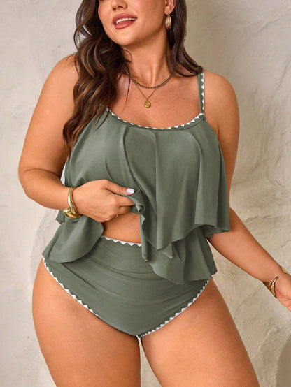 Swim Lushoire 2pcs Plus Size Women Coral Spaghetti Strap Ruffle Trim Top High Waist Pants Set Summer Beach Vacation Gym Holiday White Tropical Safari