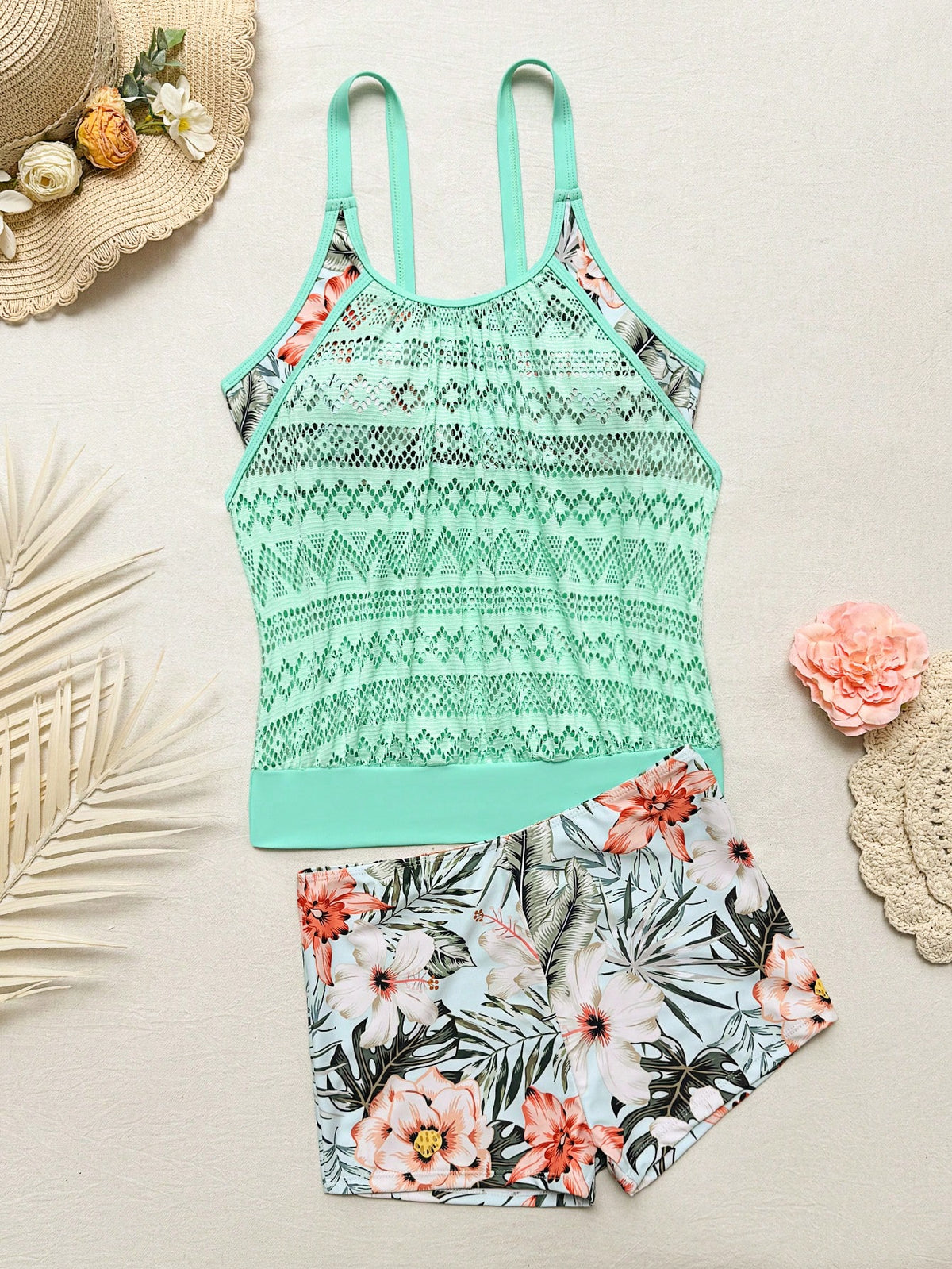 Swim Lushoire 2pcs Summer Beach Women's Print Random Tankini Top Mesh Tummy Control Slimming And Hipster Shorts Tank Top Tankini Set Swimwear