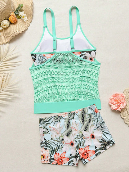 Swim Lushoire 2pcs Summer Beach Women's Print Random Tankini Top Mesh Tummy Control Slimming And Hipster Shorts Tank Top Tankini Set Swimwear