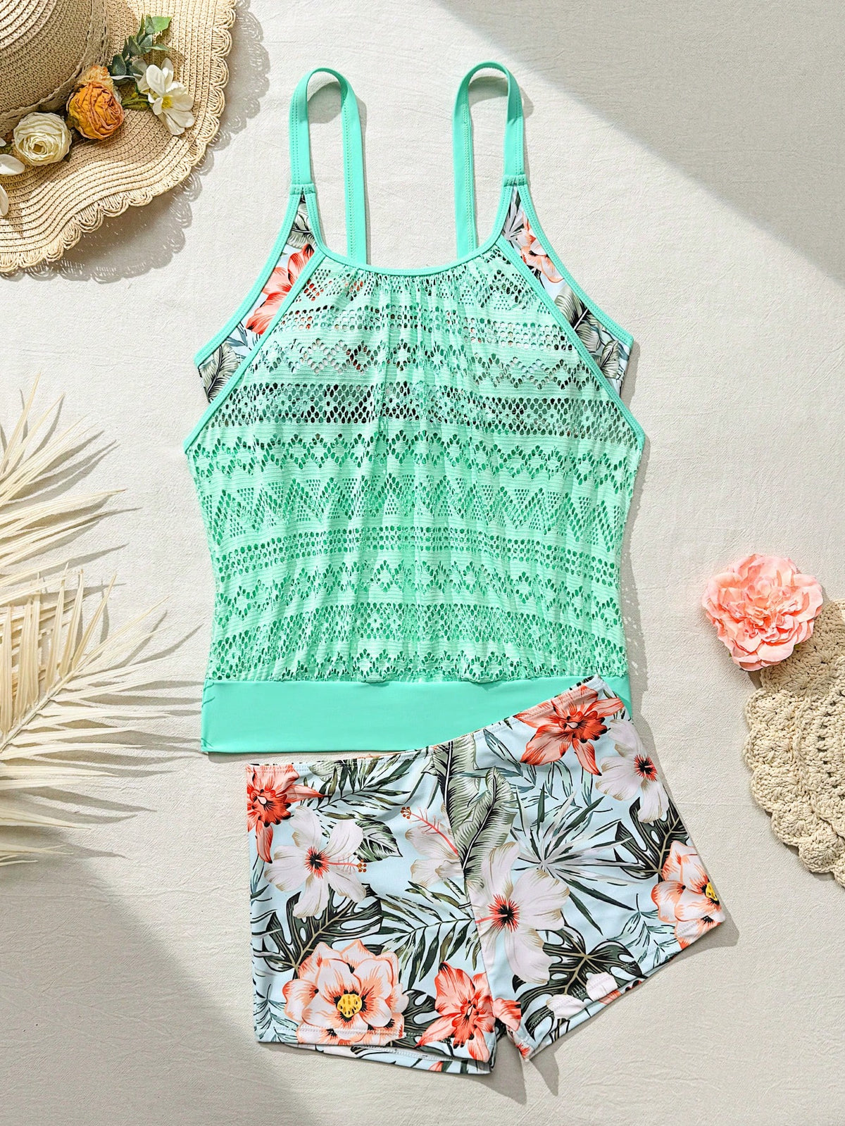 Swim Lushoire 2pcs Summer Beach Women's Print Random Tankini Top Mesh Tummy Control Slimming And Hipster Shorts Tank Top Tankini Set Swimwear