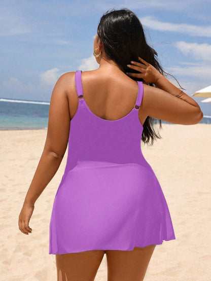 Swim Lushoire New Elegant Slit Strap Adjustable Slimming One-Piece Swimsuit, Fashionable For Beach Vacation, Plus Size
